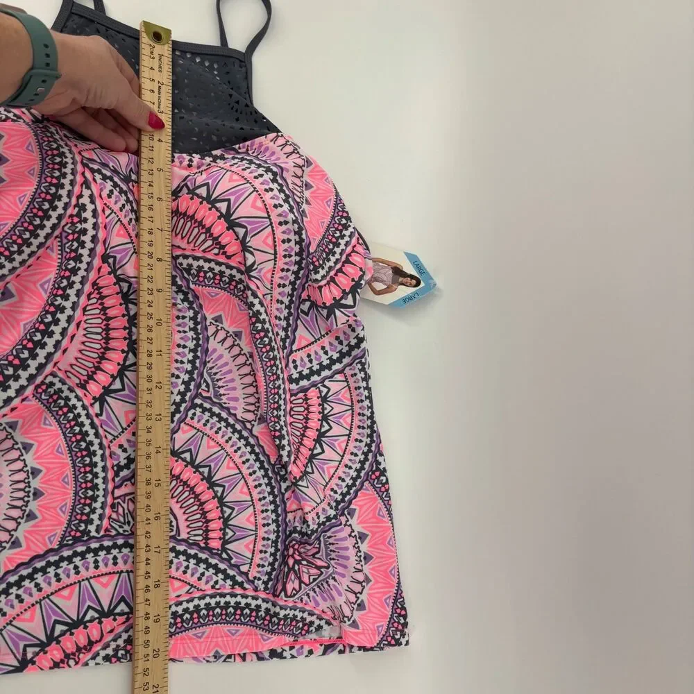Free Country Tankini Top Womens Large Pink Purple Mandala Laser Cut Mesh NEW